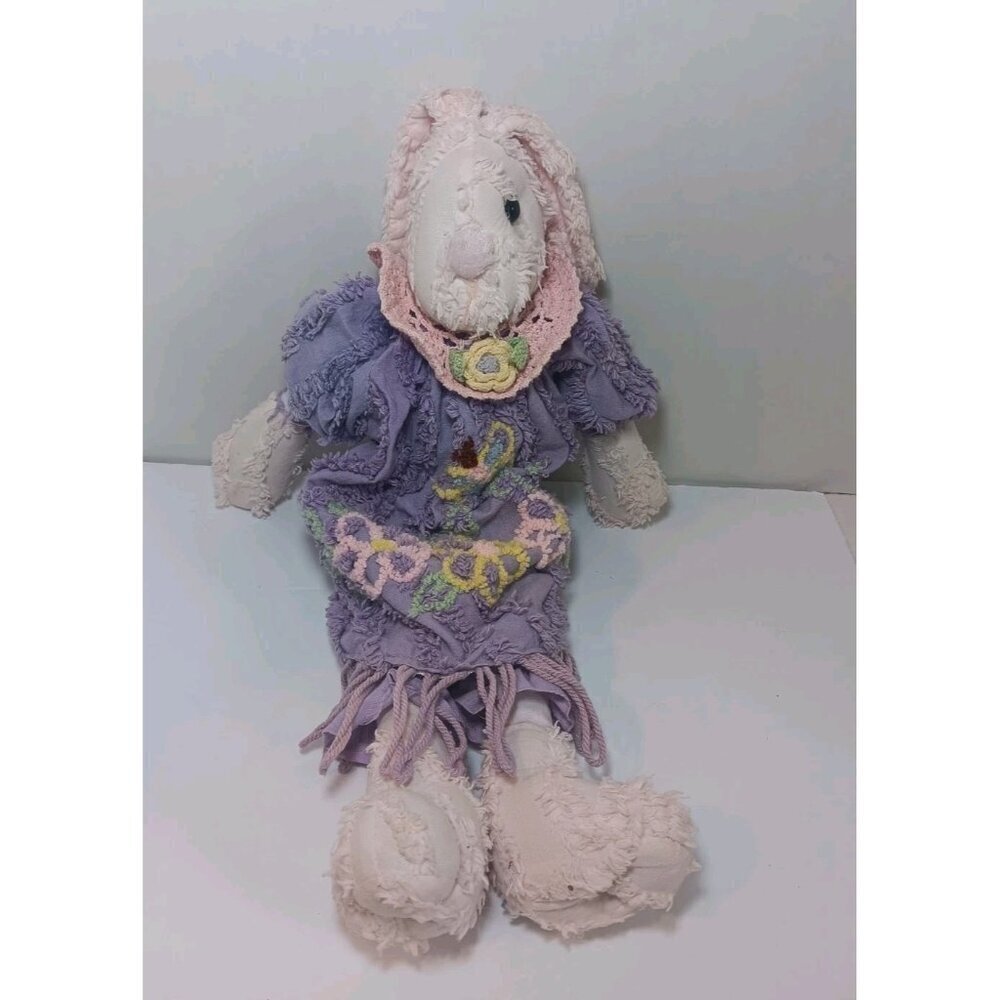 VTG Chenille Bedspread Bunny 16" Handmade Stuffed Animal Plush Cute Spring Dress